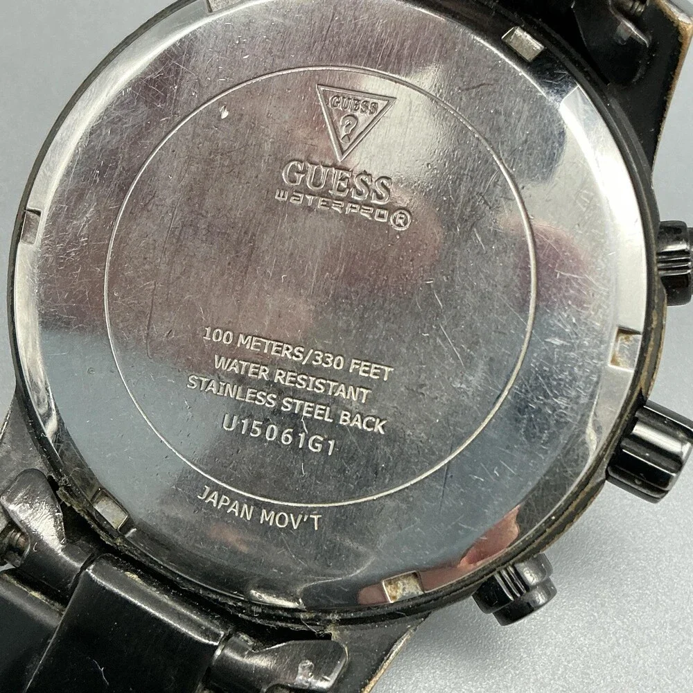 Guess Waterpro Mens Watch 44mm Black Dial Chronograph 100M New Battery 7